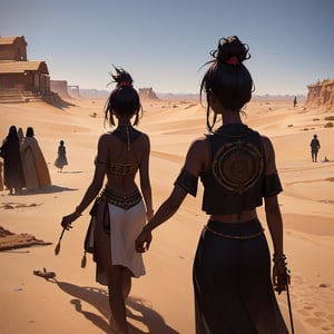 Masterpiece, Top Quality, High Definition, Artistic Composition, 1 girl, exotic clothing, desert inhabitants, wasteland, walking, Dutch angle, many people walking behind and following, dry earth, dust, sunlight directly above, high contrast, shimmer, bold composition, Africa