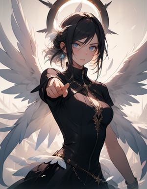 (masterpiece, top quality), high definition, artistic composition, 1 woman, angel, looking down, pointing at me, close-up of fingers, beautiful light, halo, rainbow, beautiful angel feathers, calm eyes, dancing bird feathers, dramatic, striking light, moody