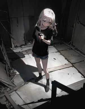 (masterpiece, top quality), high definition, artistic composition, 1 girl, 15 years old, scared, tears in her eyes, (holding flashlight), darkness, in ruins, plain t-shirt, shorts, frightening, terror, pitch black, jet black, dark background