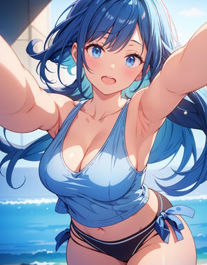 Masterpiece, Top Quality, High Definition, Artistic Composition, 1 girl, smiling with mouth open, pointing towards, close-up of fingertips, light blue tank top, bold composition, reaching out, dark blue hair