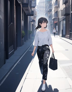 (masterpiece, top quality), high definition, artistic composition, 1 girl, printed easy pants, white shirt, tote bag, looking away, walking, urban, sobriety, portrait, hurrying, slip-on