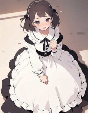 (Masterpiece, Top Quality), High Definition, Artistic Composition, 1 girl, 10 years old, younger sister, prone, troubled, mouth agape, gaze down, composition from above, hands in front of chest, blushing, pretty clothes, frilly skirt, hands on head, being patted