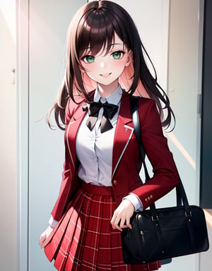 (Masterpiece, Top Quality), High Definition, Artistic Composition, 1 girl, red blazer, white shirt, black ribbon, green checked skirt, school uniform, school uniform, smiling, from front, holding school bag with both hands, smiling with narrowed eyes, schoolbag, schoolbag, portrait, spinning