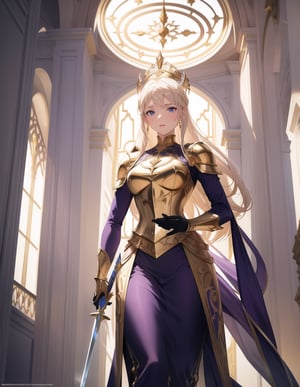 (masterpiece, top quality), high definition, artistic composition, 1 woman, blond, standing, purple armor, golden ornaments, aristocrat, from below, beautiful sword, white marble construction, high ceiling, impressive light, aristocrat, imposing, fantasy