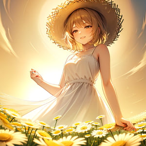 Masterpiece, top quality, high definition, artistic composition, 1 girl, chamomile field, white dress, straw hat, squinting and smiling, from below, looking away, straw hat held down by hand, spinning, bold composition, beautiful light