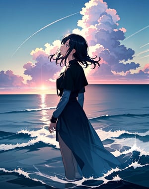  Masterpiece, Top Quality, High Definition, Artistic Composition, 1 Girl, Back View, Looking Up To Heaven, Sea, Wide Sky, Striking Sky Color, Lots Of Light Falling From The Sky, Wide Shot, Majestic Nature, Fantastic, With Open Hands,<lora:659111690174031528:1.0>