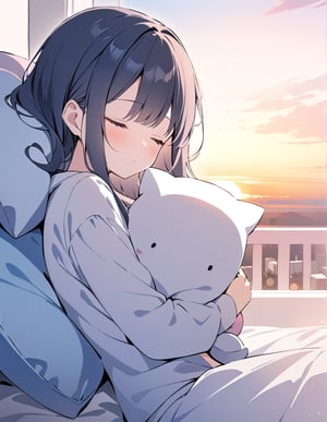 (masterpiece, top quality), high definition, artistic composition, 1 woman, sleeping in bed, white pajamas, holding plush-like pillow, sunrise, pleasant, watercolor style, pastel colors