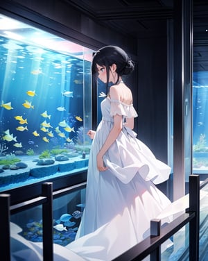 (masterpiece, top quality), high definition, artistic composition, 1 girl, looking away, white dress, black hair, dark indoor, aquarium, fantastic, dramatic, ennui