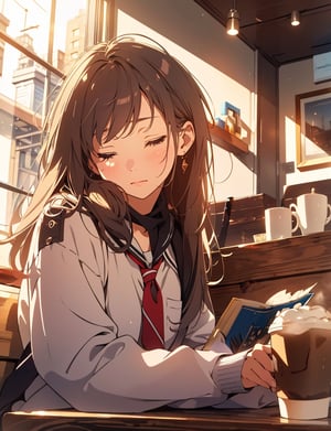 Masterpiece, Top Quality, High Definition, Artistic Composition, 1 girl, tearful, reading, coffee shop, window seat, coffee cup, handkerchief, light shining through, late afternoon, from below, eyes closed, looking up