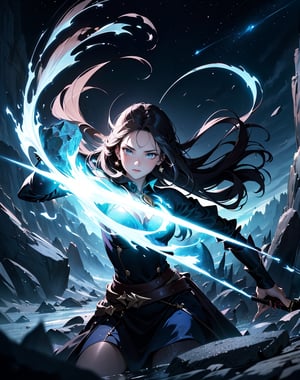 Masterpiece, top quality, high definition, artistic composition, animation, 1 woman, witch, holding wand, glowing, earth cracking and rising, stone rubble, fantasy, magic, attack, dynamic composition, action pose, looking away, arms extended, magic circle, wide shot, giant rock floating,photograph,hyperrealism