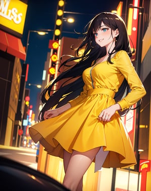 Masterpiece, top quality, high definition, artistic composition, cartoon, 1 woman, bad wife, yellow clothes, nightlife, downtown, blurred background, smiling, looking up, looking away, dramatic, mature, affair