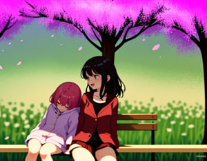  Masterpiece, top quality, high quality, artistic composition, two women, sitting side by side on bench, one laughing, one angry, having conversation, spring coordination, cherry blossom trees, cherry blossoms in full bloom, petals dancing, wide shot, looking away, bold composition,breakdomain,<lora:659111690174031528:1.0>