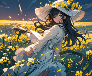 (masterpiece, top quality), 1 girl, high definition, artistic composition, portrait, field of rape blossoms, woman in white dress, wide-brimmed hat, hands clasped behind body, open-mouthed smile, spinning, posing, looking at you, wide shot, bending forward, mature, dusk, striking sky,<lora:659111690174031528:1.0>