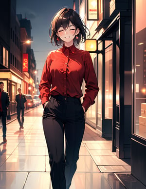 (masterpiece, top quality), high definition, artistic composition, 1 woman, hands in pockets, eyes closed, smiling, shrugging, looking away, downtown at night, blurred background, red collared shirt, black easy pants, walking, lively, talking, striking light, dramatic, diagonal composition, one curl, stylish