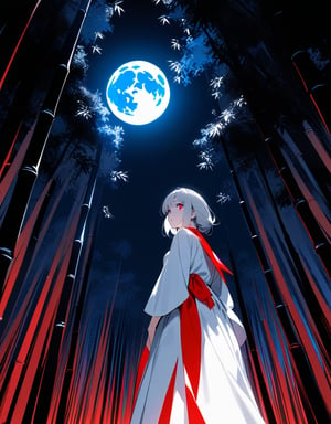 (Masterpiece, Top Quality), High Definition, Artistic Composition, 1 girl, Animated, white kimono, standing, from below, red insert color, quiet, big moon, autumn night, bamboo forest, striking light, dramatic, low saturation