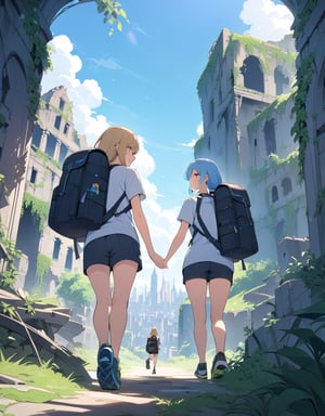 (masterpiece, top quality), high definition, artistic composition, 2 girls, walking, strolling, t-shirt, shorts, trekking shoes, backpack, smiling, looking away, talking, smiling, ruins, building area, crumbling and decaying structure, lots of plants, ivy covered, Blue sky, bold composition, looking back, summer, New York, big gesture, excited, from front