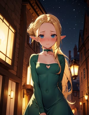 (masterpiece, top quality), high definition, artistic composition, 1 girl, elf, simple viridian tight dress, unadorned, blonde hair, hair tied back, forehead showing, hair touching, medieval town at night, lantern light, blurred background, looking away, blushing, embarrassed