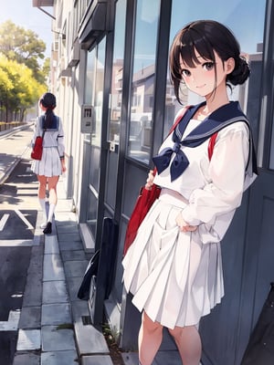 Masterpiece, Top Quality,1 female, white sailor suit, white skirt, school uniform, school uniform, demure, smiling, holding student bag in front of body with both hands, walking, school route, morning, beautiful scenery, striking light, dramatic, Japanese, elegant, high definition, portrait, wide shot, artistic composition