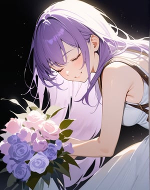 (masterpiece, top quality), high definition, artistic composition, 1 girl, Eyes closed, prone, smiling, holding rose bouquet in front of body with both hands, standing, purple hair, tight white dress, shoulder straps, black background, Len Plant light, from front, watercolor, calm, clean, cowboy shot