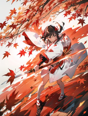 Masterpiece, Top Quality, High Definition, Artistic Composition,1 Woman, Serious Face, Sharp Eyes, Action Pose, White and Red Kimono Style Battle Dress, Standing with Legs Spread, Japanese Sword at the Ready, Simple Background, Impressive Light, Hair Bound with Red Ribbon, Good Looking, Autumn Leaves Pattern