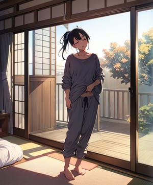 Masterpiece, Top Quality, High Definition, Artistic Composition, 1 girl, loungewear, bedroom, hanging out door, morning, sleepy, portrait, urban, Japan, sleepy, looking at me, yawning, mature, full body, backlit, wide shot