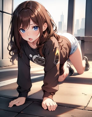 (Masterpiece, Top Quality), High Definition, Artistic Composition, 1 Girl, Animated, On All Fours, Close-up of Face, Surprised, Brown Hair, Wavy Hair, Stupid Hair, Child Clothes, Dutch Angle