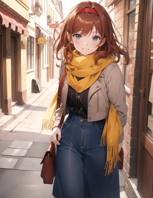 Masterpiece, Top Quality, High Definition, Artistic Composition,1 Girl, French Girl, (light brown medium hair), One Curl Outer Winding, (red hair band), big eyes, smiling, red and yellow French casual, yellow scarf, French town, walking, portrait, blue eyes, cowboy shot.