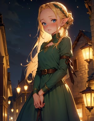 (masterpiece, top quality), high definition, artistic composition, 1 girl, elf, tight viridian dress, unadorned, blonde hair, hair tied back, forehead showing, hair touching, medieval town at night, lantern light, blurred background, looking away, blushing, embarrassed