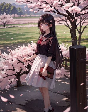  Masterpiece, top quality, high quality, artistic composition, one girl, big cherry tree, standing under tree, hand on tree, impressive, cherry blossoms in full bloom, petals dancing, beautiful nature, wide shot,<lora:659111690174031528:1.0>