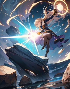 Masterpiece, top quality, high definition, artistic composition, animation, 1 woman, witch, holding wand, glowing, earth cracking and rising, stone rubble, fantasy, magic, attack, dynamic composition, action pose, looking away, arms extended, magic circle, wide shot, giant rock floating,photograph,hyperrealism