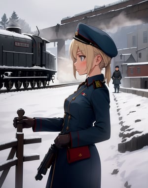 (masterpiece, top quality), high definition, artistic composition, 1 girl, WWII, train station, steam train, Russian female soldier, snow, dark sky, document, realistic, looking away, many soldiers