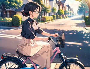 (Masterpiece, Top Quality), High Definition, Artistic Composition, 1 Woman, round black rimmed glasses, neatly coiffed hair, light pink shirt, beige skirt, dark blue shoes, driving bicycle, retro bicycle with front basket, from side, looking away, suburban scene, portrait, lady, calm Atmosphere