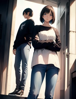 (masterpiece, highest quality), high definition, artistic composition, 1 woman, standing, expressionless, crossed arms, looking down, backlit, looking down, from below, trainers, jeans, bob cut, dramatic