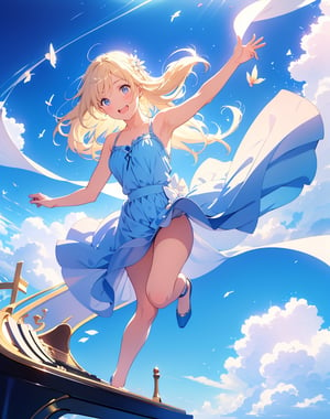 Masterpiece, Top Quality, High Definition, Artistic Composition,1 girl, blue dress, blond hair, smiling, frolicking, one leg raised, bouncing on huge piano keys, white background, lots of big musical notes image floating in the air, image, unreasonable, fairy tale, pastel tones, wide shot