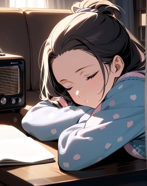 Masterpiece, Top Quality, High Definition, Artistic Composition,1 girl, living room, sleeping with face on table, retro radio on table, sleeping with eyes closed, warm light, loungewear, hair tied back, pleasant
