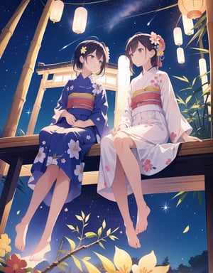 Masterpiece, Top quality, High definition, Artistic composition, 2 girls, yukata with floral pattern, sitting, looking away, talking, from below, starry sky, shooting star, Tanabata, night, bamboo branches, strips of paper, Japan