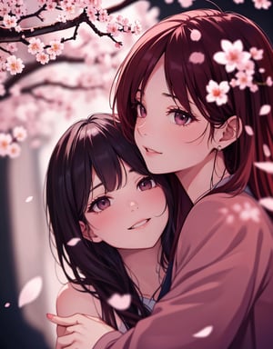  Masterpiece, top quality, high quality, artistic composition, two women, looking up, smiling, dazzling, from above, cherry blossom frame, petals dancing, striking, dramatic, hand held up, focus on face, bold composition,<lora:659111690174031528:1.0>