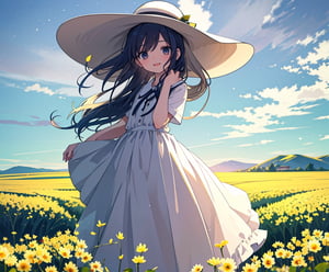 (masterpiece, top quality), 1 girl, high definition, artistic composition, portrait, field of rape blossoms, woman in white dress, wide-brimmed hat, hands behind body, open-mouthed smile, spinning, posing, looking at you, wide shot, bending forward, mature, dusk, striking sky, from below,<lora:659111690174031528:1.0>