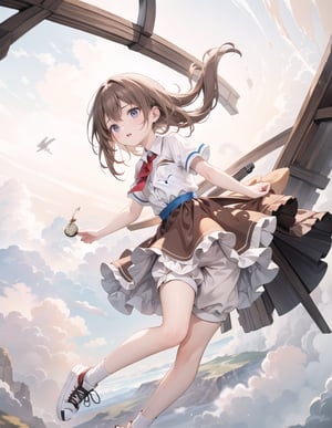 (masterpiece, top quality), high definition, artistic composition, 1 woman, khaki shorts, vermillion sneakers, white socks, beige cotton shirt, floating in air, from below, sepia background, large pocket watch in background, bold composition, Dutch angle, fantasy, chestnut hair, wavy short wavy hair, energy, skydiving, absurd, bending at the waist, feet up, Alice in Wonderland,breakdomain
