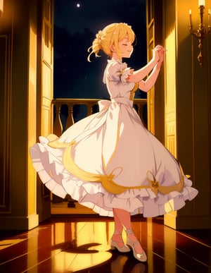 (masterpiece, top quality), high definition, artistic composition, 1 woman, dress with crinoline, tied blond hair, smiling with eyes closed, looking away, dancing gracefully, in palace, night, bold composition