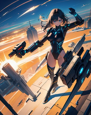  (masterpiece, top quality), high definition, artistic composition, 1 woman, leotard-like fighting outfit, android-like parts, sci-fi, fighting pose, standing on side of huge structure, An aerial view, from above