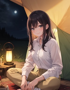 (masterpiece, top quality), high definition, artistic composition, 1 woman, long hair, camping, white shirt, khaki pants, in tent, sitting indian style, lantern light, from front, smiling, night