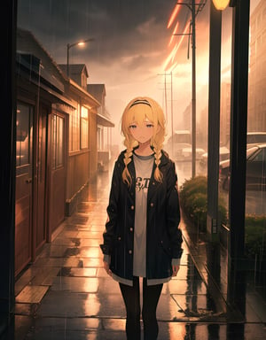 (Masterpiece, Top Quality), High Definition, Artistic Composition, 1 girl, dusk, raining, standing, wet in the rain, blonde hair, braids, large hair band, from the front, country road, incandescent electric light, striking light, cold, lonely, sad, large field