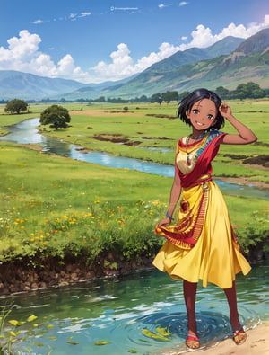 Masterpiece, top quality,khange, tanzanian girl, one girl, smiling, cheerful, tanzanian countryside, tanzanian national dress, high definition, wide shot, playing in river, wild animals, bending