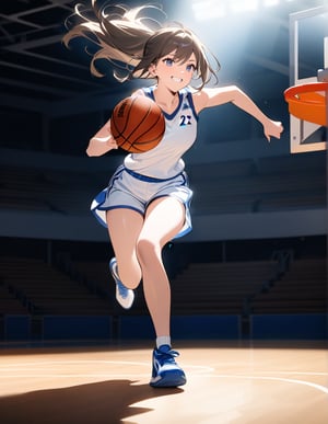 (masterpiece, top quality), high definition, artistic composition, 1 woman, basketball player, dribbling, basketball court, gymnasium, spotlight, smiling, running, impressive light, dynamic