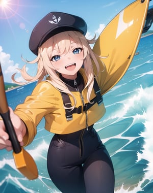 (masterpiece, top quality), high definition, artistic composition, 1 woman, fishing on a boat, smiling, life jacket, fisherman's cap, powerful, splashing waves, open mouth smile, Dutch angle, dramatic