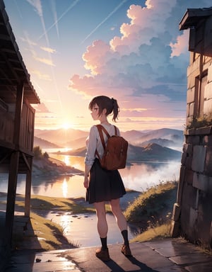 Masterpiece, top quality, high definition, artistic composition, animation, one woman, starting out on a journey, map in hand, majestic nature, beautiful sunrise, morning mist, brave, motivated, bold composition, traveling outfit, back view, long road ahead,breakdomain