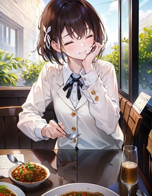 Masterpiece, Top Quality, High Definition, Artistic Composition,1 girl, brown hair, smiling with eyes closed, rapt, blushing, wavy hair in bob cut, white blazer, school uniform, black ribbon across chest, eating curry rice on a flat plate at table, holding spoon, hand on cheek, girlish gesture, dining table, dining room, portrait, homey, condensation on glass of water