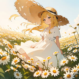 Masterpiece, top quality, high definition, artistic composition, 1 girl, chamomile field, white dress, straw hat, squinting and smiling, from below, looking away, straw hat held down by hand, spinning, bold composition, beautiful light