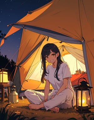 (masterpiece, top quality), high definition, artistic composition, 1 woman, long hair, camping, white shirt, khaki pants, in tent, sitting indian style, lantern light, from front, smiling, night